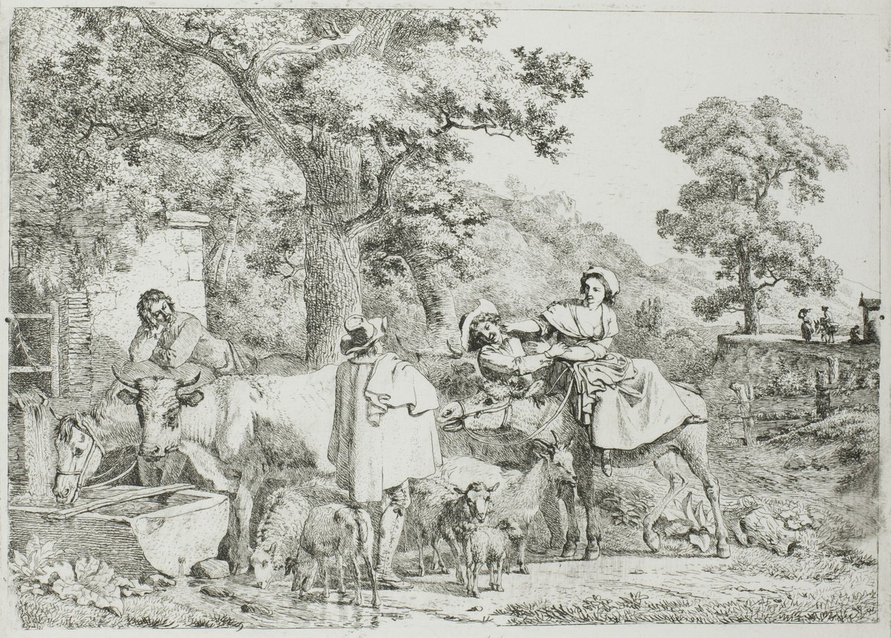 Kuh und Pferd am Trog von Jean Louis De Marne