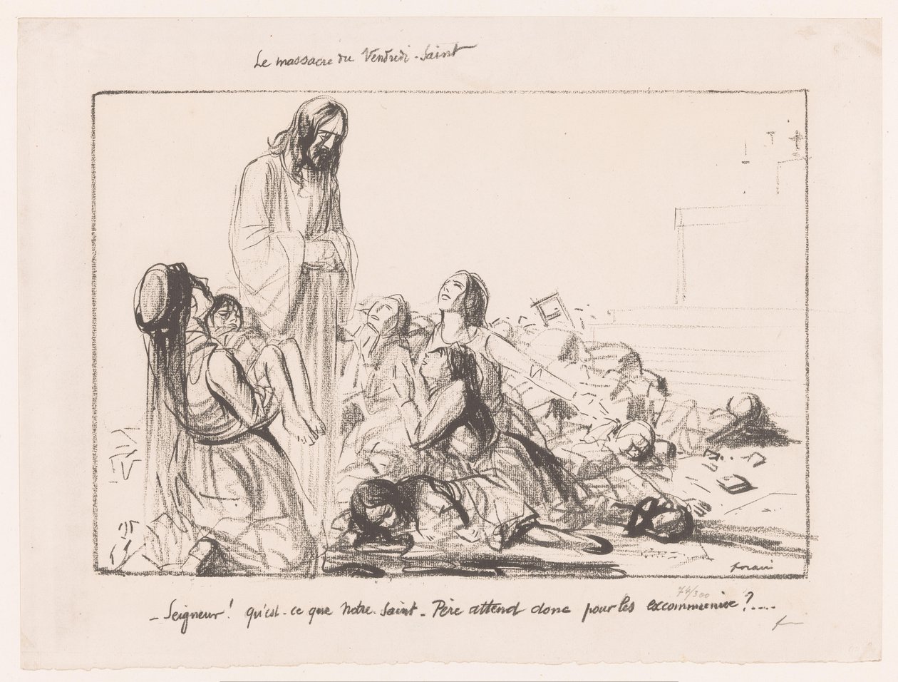 Frauen in bombardierter Kirche klagen Christus an (Le massacre du Vendredi-Saint) von Jean Louis Forain