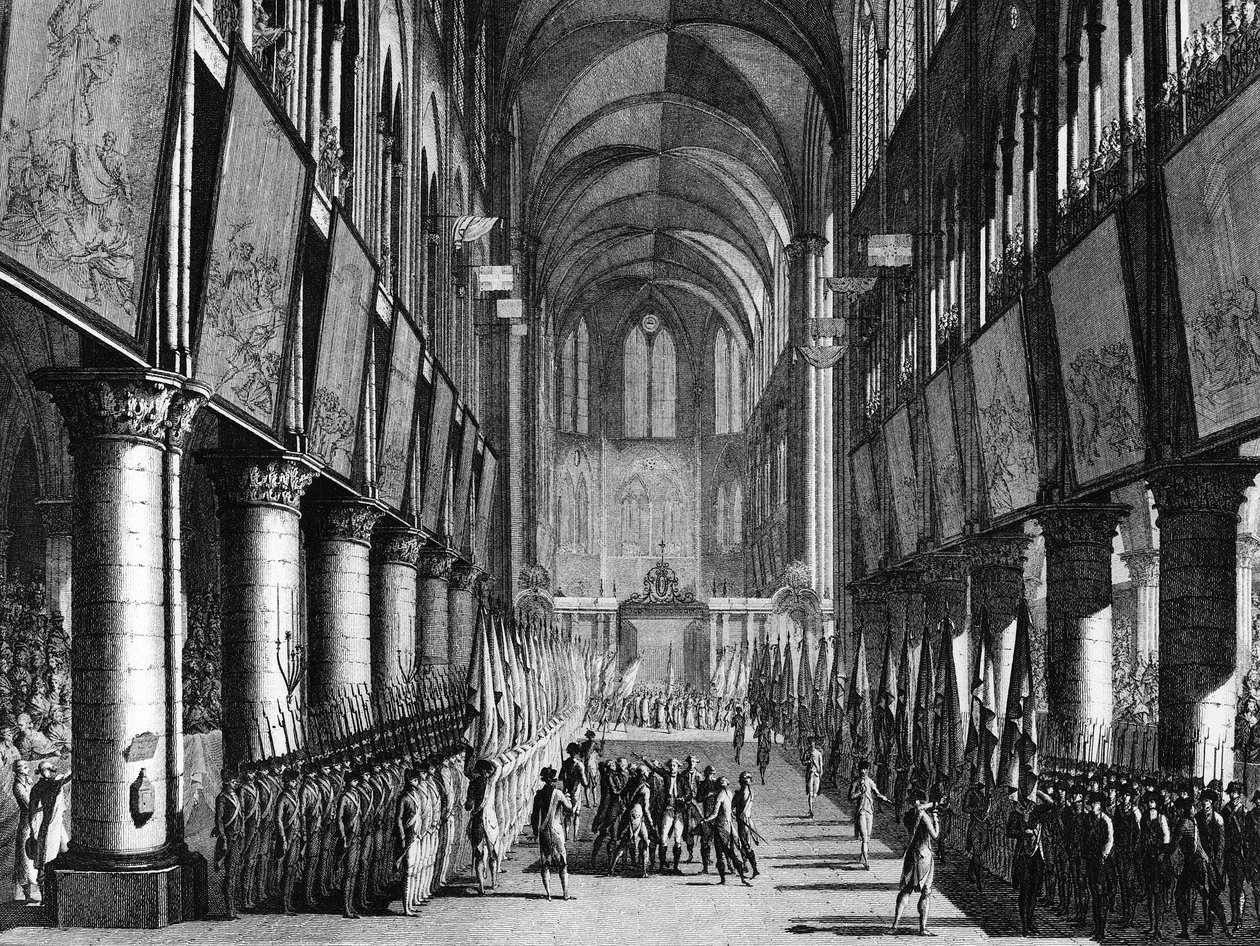 Französische Revolution: Segnung der Nationalgardefahnen durch Monsignore Juigne in der Kirche Notre Dame am 27. September von Jean Louis II (after) Prieur