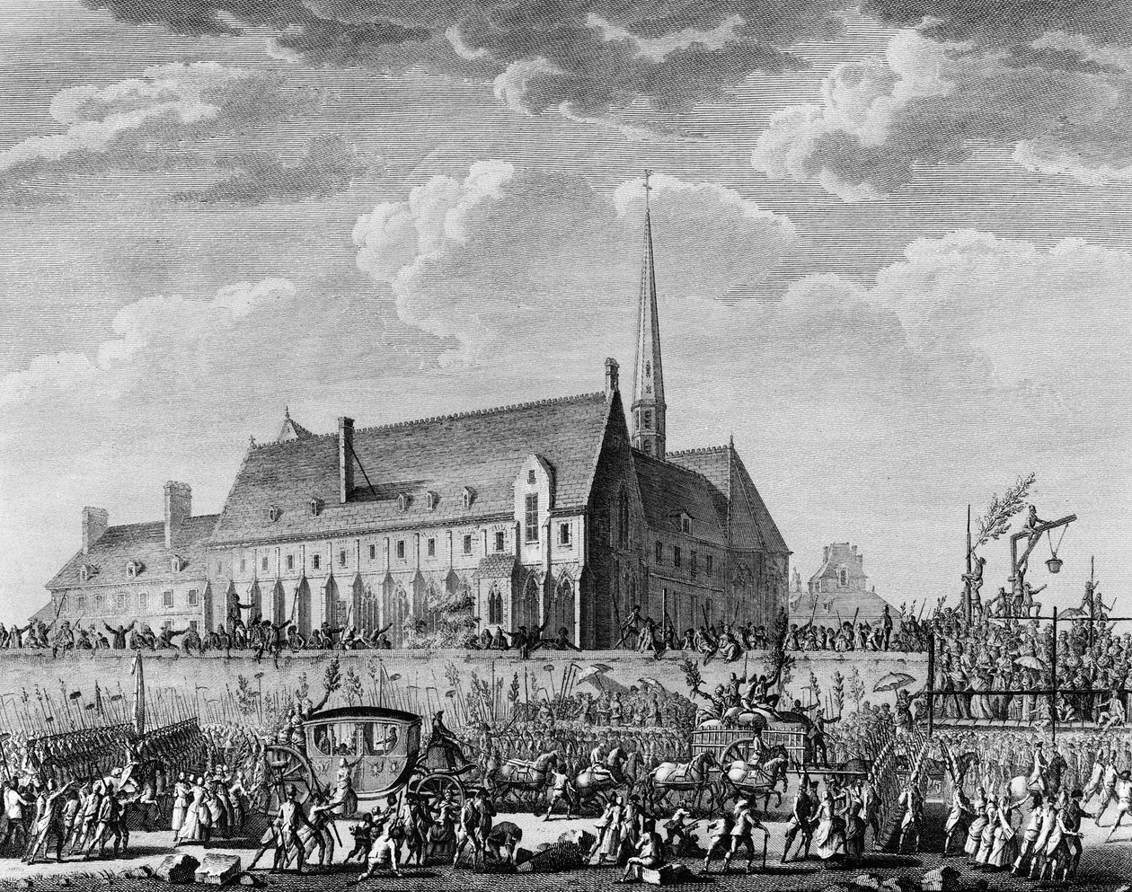 Französische Revolution: König Ludwig XVI. kommt mit seiner Familie (Marie Antoinette, der Delfin Louis Charles von Frankreich oder Ludwig XVII. und Marie Therese, bekannt als „Madame Royale“) am 6. Oktober in Paris an von Jean Louis II (after) Prieur