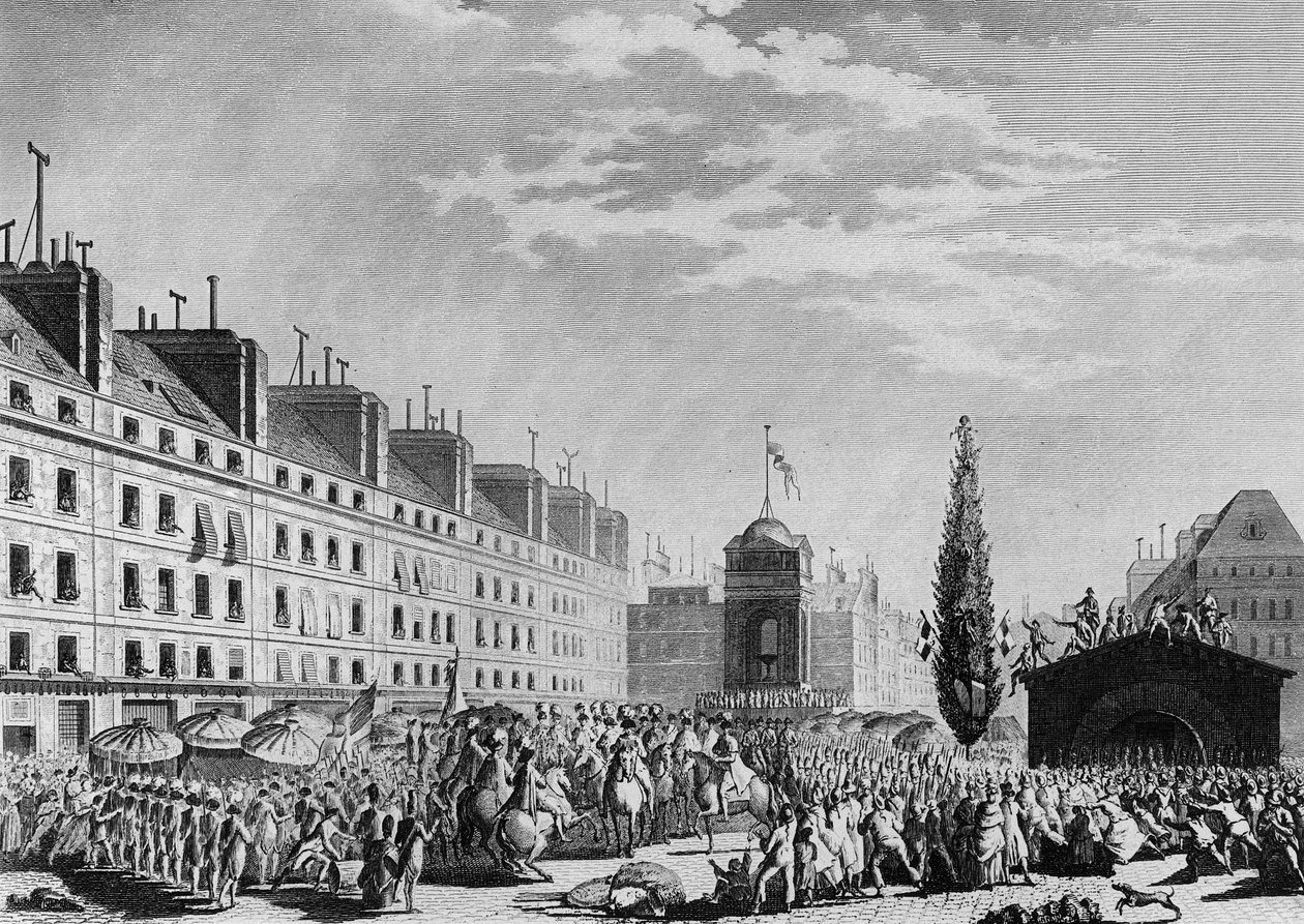 Französische Revolution: Proklamation der Verfassung (Konstitutionelle Monarchie: Gewaltenteilung und Einrichtung der konstitutionellen Monarchie) Place du Marché des Innocents in Paris am 14. September von Jean Louis II (after) Prieur