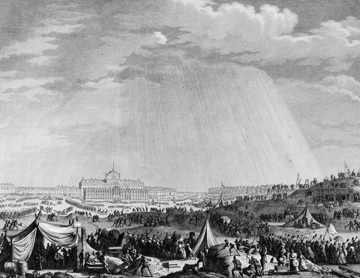Französische Revolution: Arbeiten auf dem Marsfeld in Paris für das Fest der Föderation am 14. Juli von Jean Louis II (after) Prieur