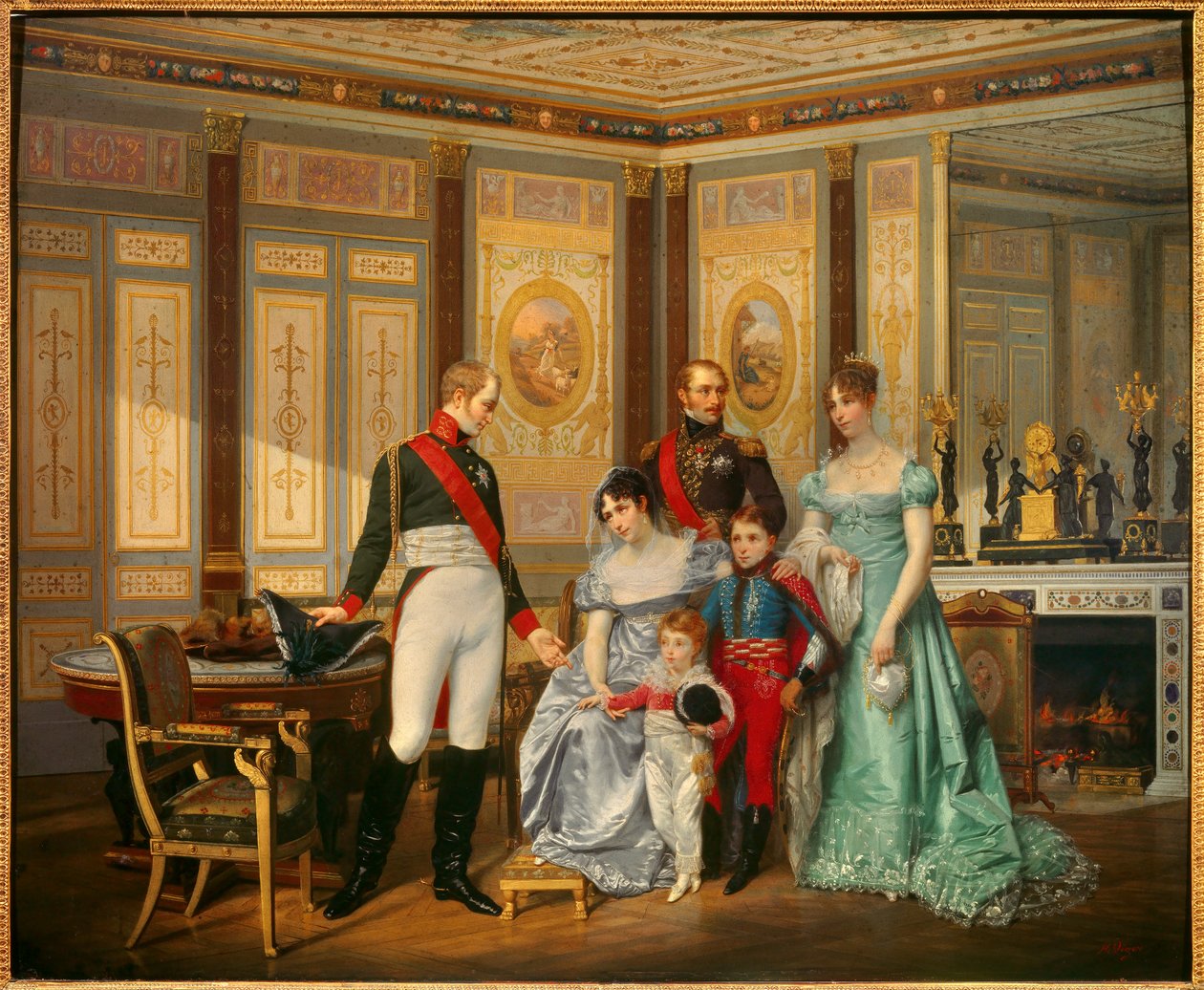 Die Kaiserin Josephine de Beauharnais (1763-1814) empfängt den Zaren Alexander I. (1777-1825), dem sie im Mai 1814 ihre Kinder empfiehlt. Die Kaiserin ist umgeben von Eugene Rose de Beauharnais, genannt Prinz Eugene (1781-1824), Hortense de Beauharnais (17 von Jean Louis Victor Viger du Vigneau