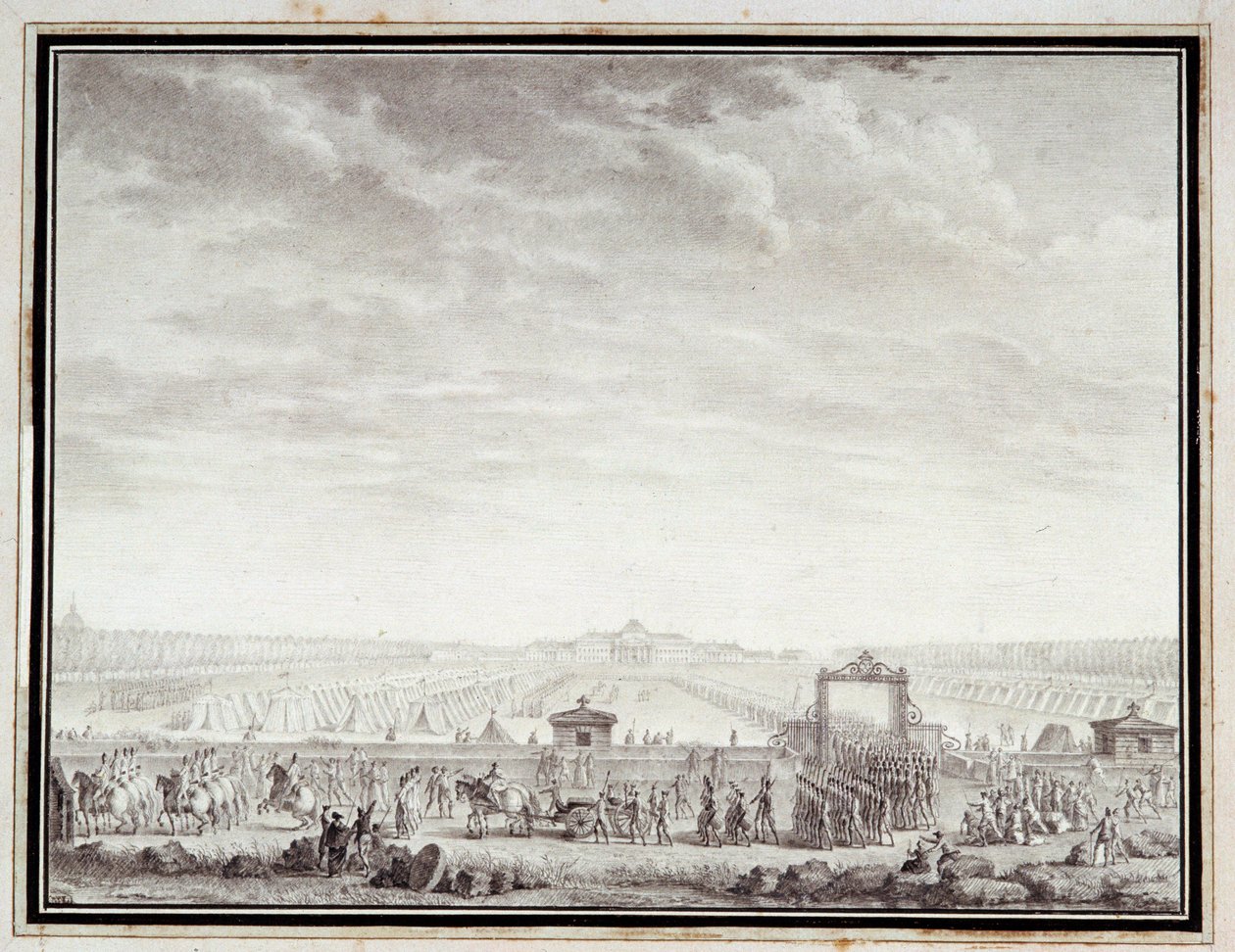 Französische Revolution: „Die Truppen des Champ-de-Mars auf dem Weg zum Place Louis XV: 12. Juli 1789“ Zeichnung in Tinte und Waschung von Jean-Louis Prieur 18. Jahrhundert. Paris, Musee Carnavalet von Jean Louis the Younger Prieur