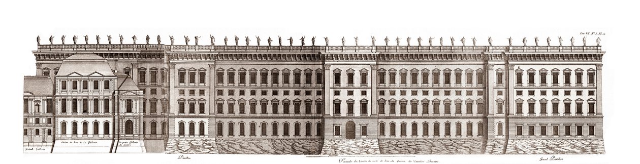 Der Louvre in Paris, Projekt von Gian Lorenzo Bernini: Erhebung der Hauptfassade zur Seine - Aus „Architecture françoise“ von Jacques-François Blondel - Gravur von Jean Marot von Jean Marot