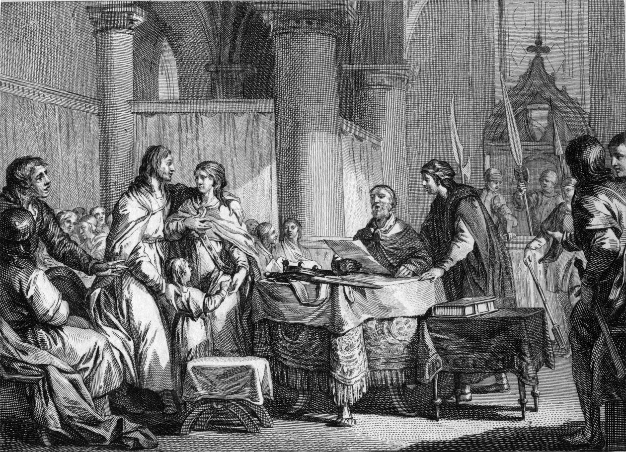 Abdankung von Karlmann (ca. 715-754), Bürgermeister des Palastes von Austrasien, zugunsten seines Bruders, Pippin III., genannt Pippin der Kurze (714-768), 747. Gravur von Jean Michel Moreau, genannt Moreau le Jeune (1741-1814) von Jean Michel the Younger Moreau