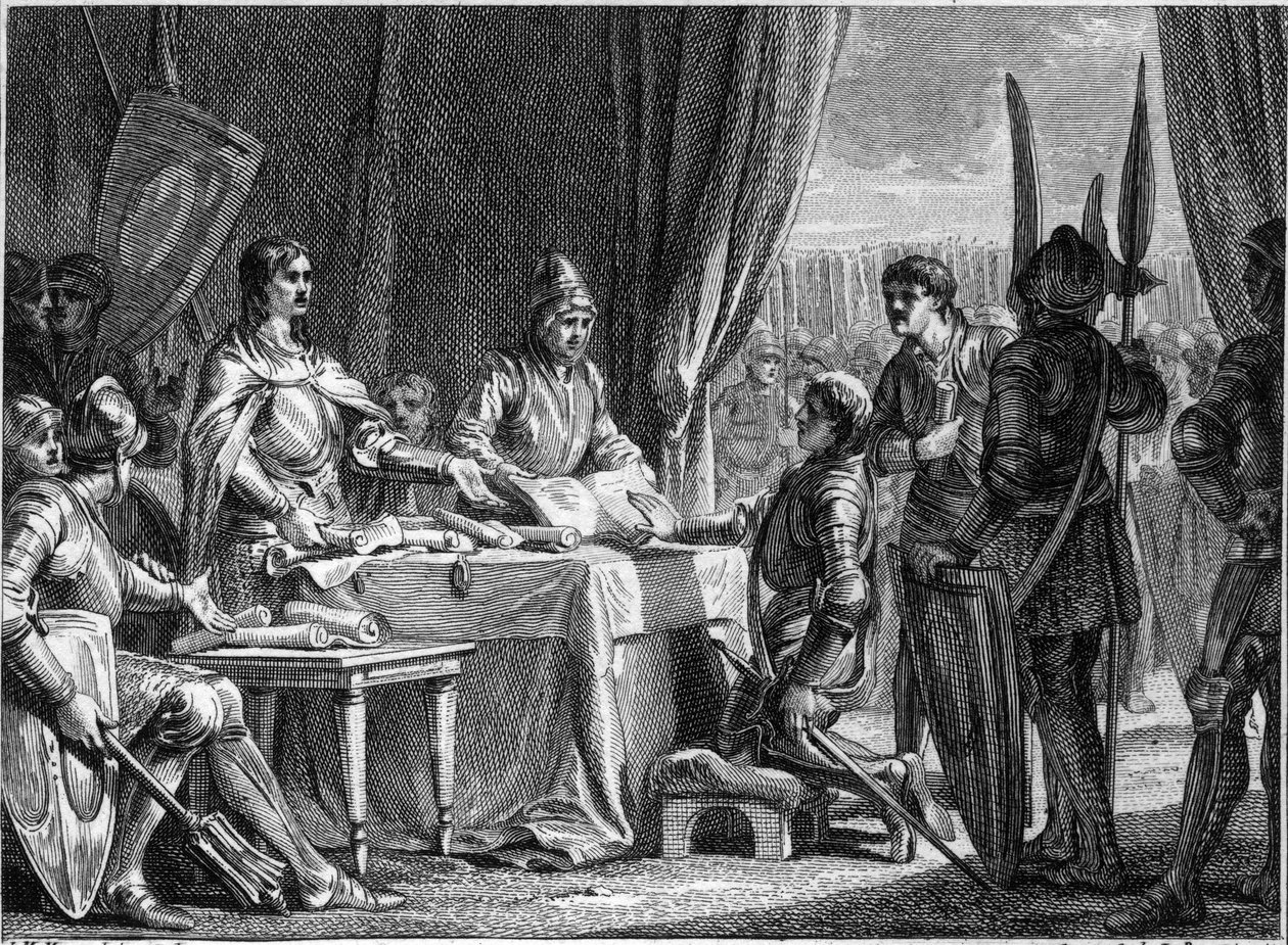 Karl Martell (688-741), König der Franken, verteilt die Güter der Kirche an seine Soldaten, 718. Gravur von Jean Michel Moreau, genannt Moreau le Jeune (1741-1814) von Jean Michel the Younger Moreau