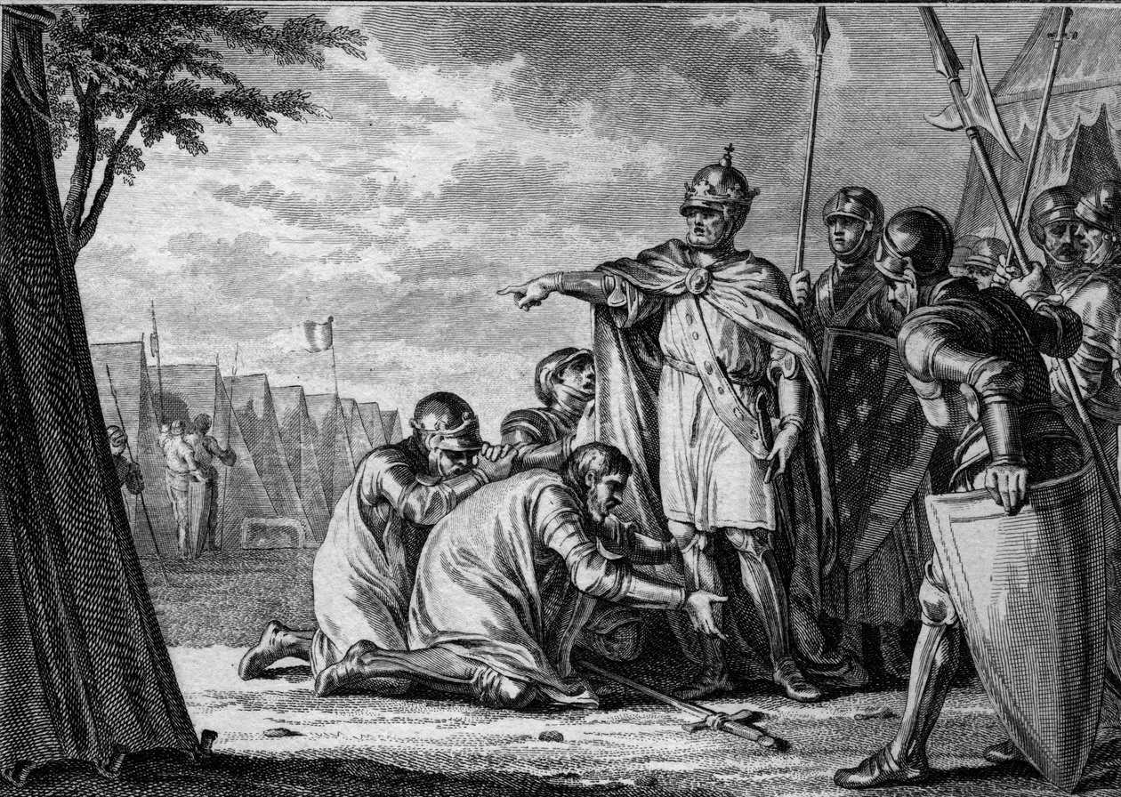 Ludwig der Fromme (778-840) vergibt seinem Sohn Lothar (795-855), der sich ihm zu Füßen wirft. 834. Gravur von Jean Michel Moreau, genannt Moreau le Jeune von Jean Michel the Younger Moreau