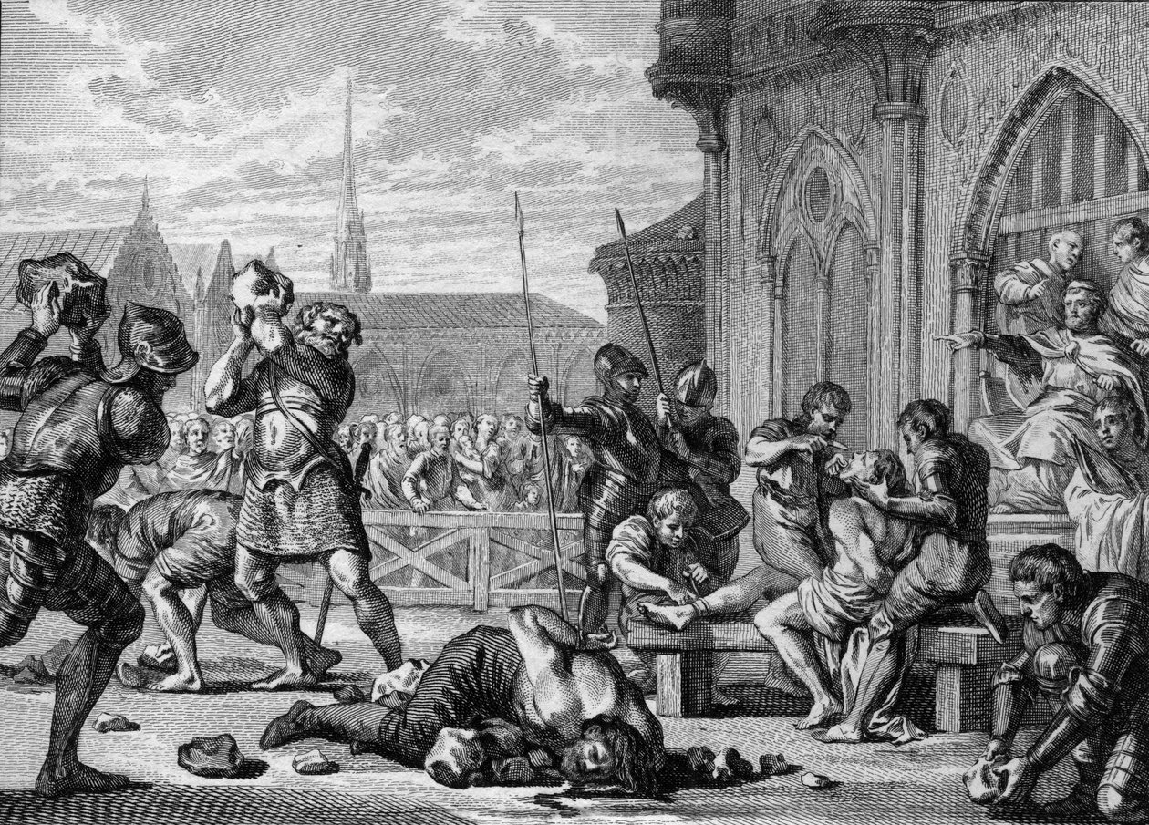 Märtyrer von Saint Leger und Graf Guarin, 675: der Bischof Saint Leger (616-675) rechts hat Zunge und Lippen abgeschnitten. Sein Bruder, Graf Guarin (links), wird gesteinigt. Gravur von Jean Michel Moreau, genannt Moreau le Jeune (1741-1814) von Jean Michel the Younger Moreau