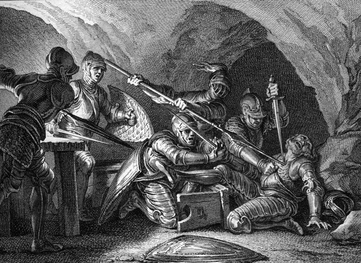 Vereinigung des Herzogtums Aquitanien mit der Krone: Ermordung von Waifre (oder Gaifier), Herzog von Aquitanien (767 oder 768). Gravur von Romanet nach Moreau le jeune (1779). von Jean Michel the Younger Moreau