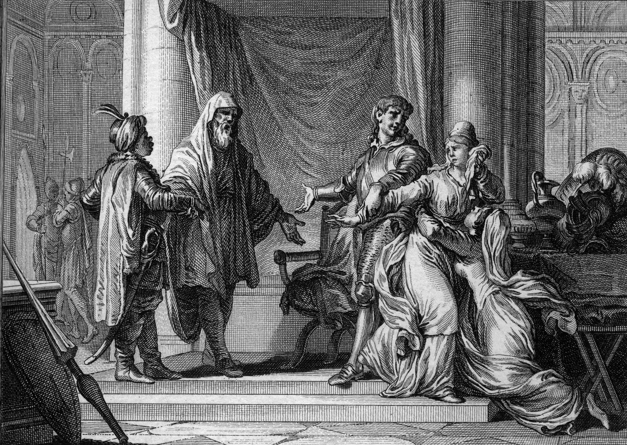 Die Prinzessin von Aquitanien, Lampagie, wurde von ihrem Vater (Eudes) gezwungen, den maurischen Hauptmann Munuza (Uthman ibn Naissa) zu heiraten, um Frieden mit den Sarazenen zu sichern, 730. (Gravur von Jean Michel Moreau, genannt Moreau le Jeune) von Jean Michel the Younger Moreau