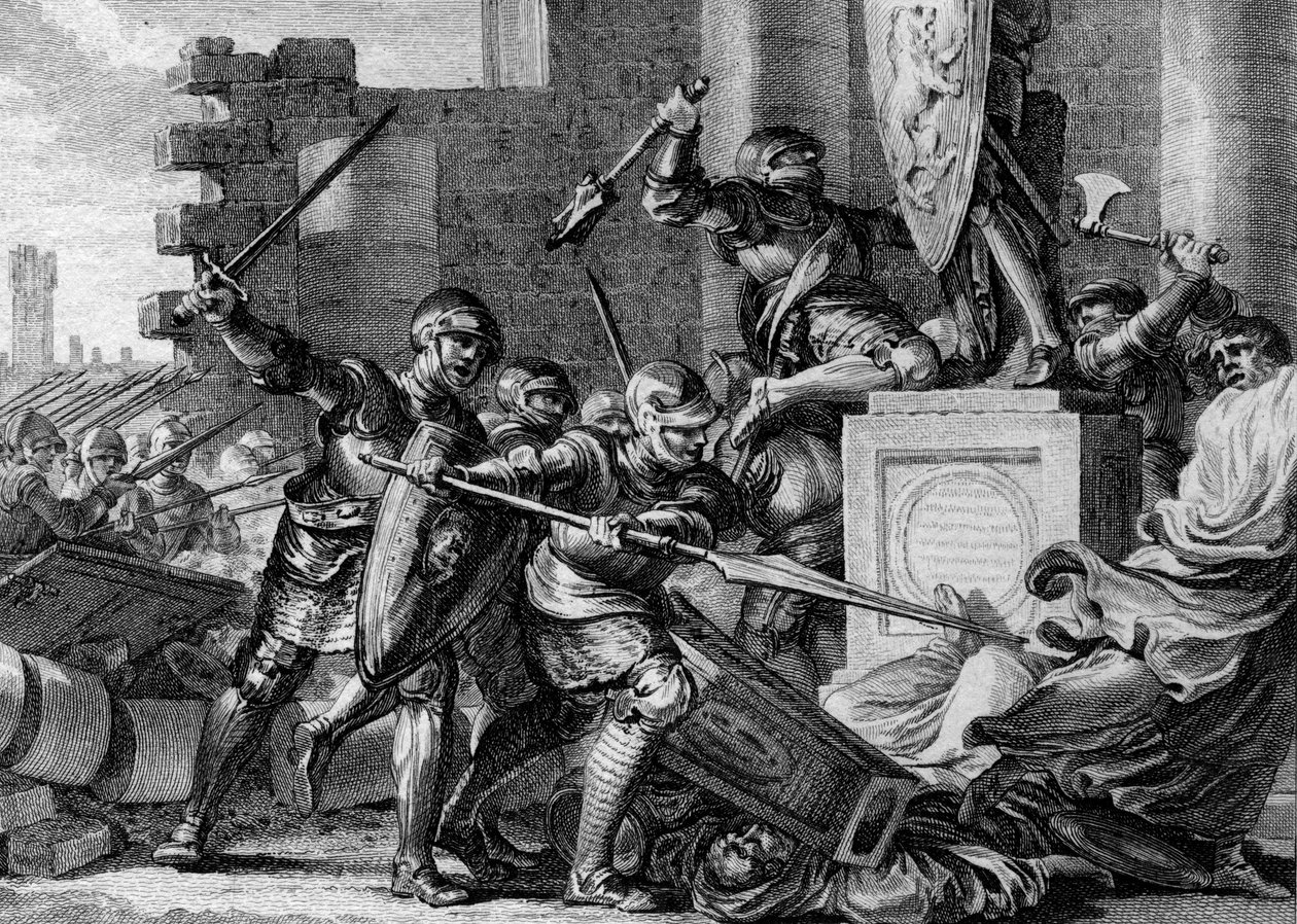 Krieg gegen die Sachsen, 772: Zerstörung des Tempels und Götzenbildes von Irmensul, der heidnischen Gottheit der Sachsen, durch die Armee Karls des Großen. Ehresburg, Deutschland. Gravur von Jean Michel Moreau, genannt Moreau le Jeune (1741-1814) von Jean Michel the Younger Moreau