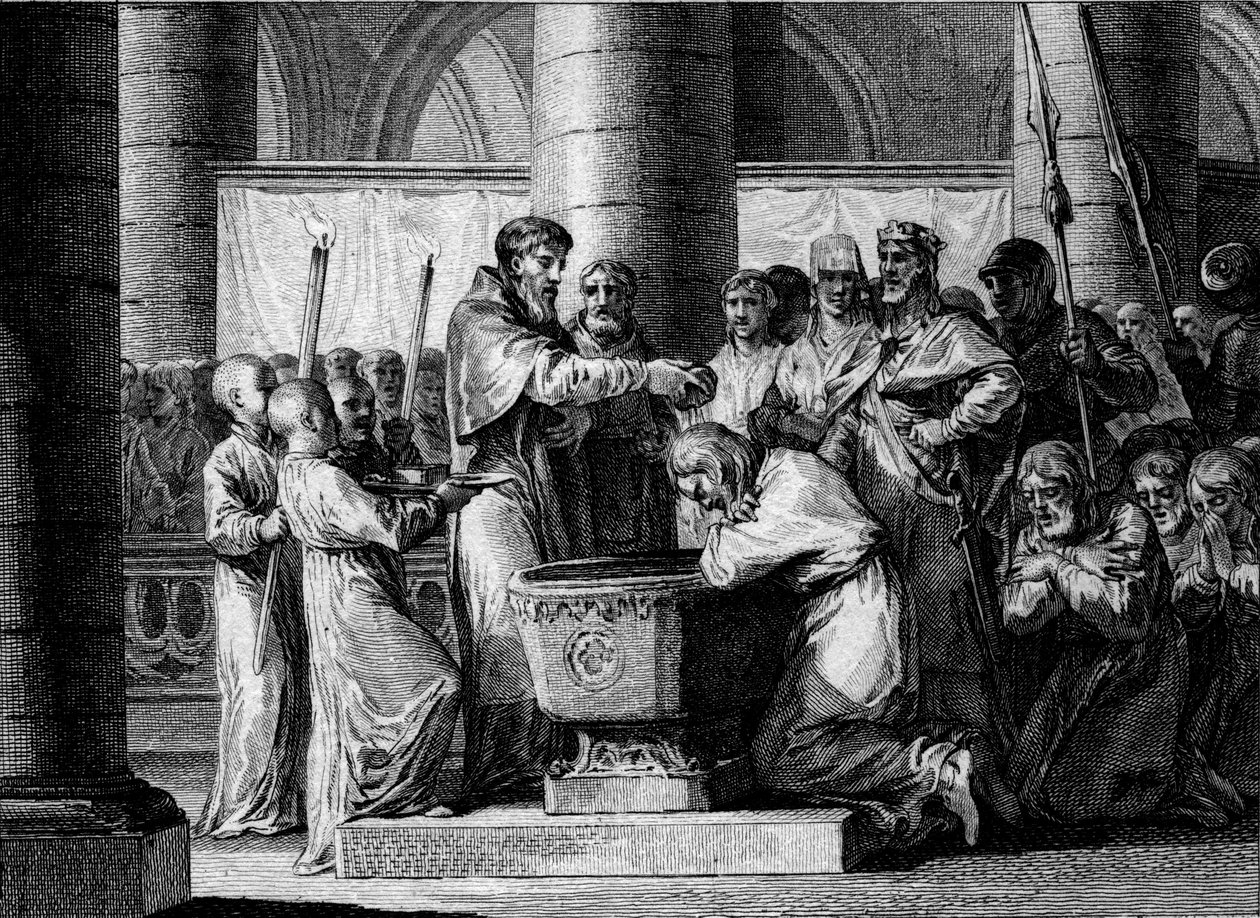 Krieg gegen die Sachsen, 785: Taufe von Witikin von Sachsen (oder Widukind, Wittekind). Besiegt von der Armee Karls des Großen, stimmte der Anführer der Sachsen zu, zum Katholizismus zu konvertieren. Gravur von Jean Michel Moreau, genannt Moreau le Jeune ( von Jean Michel the Younger Moreau