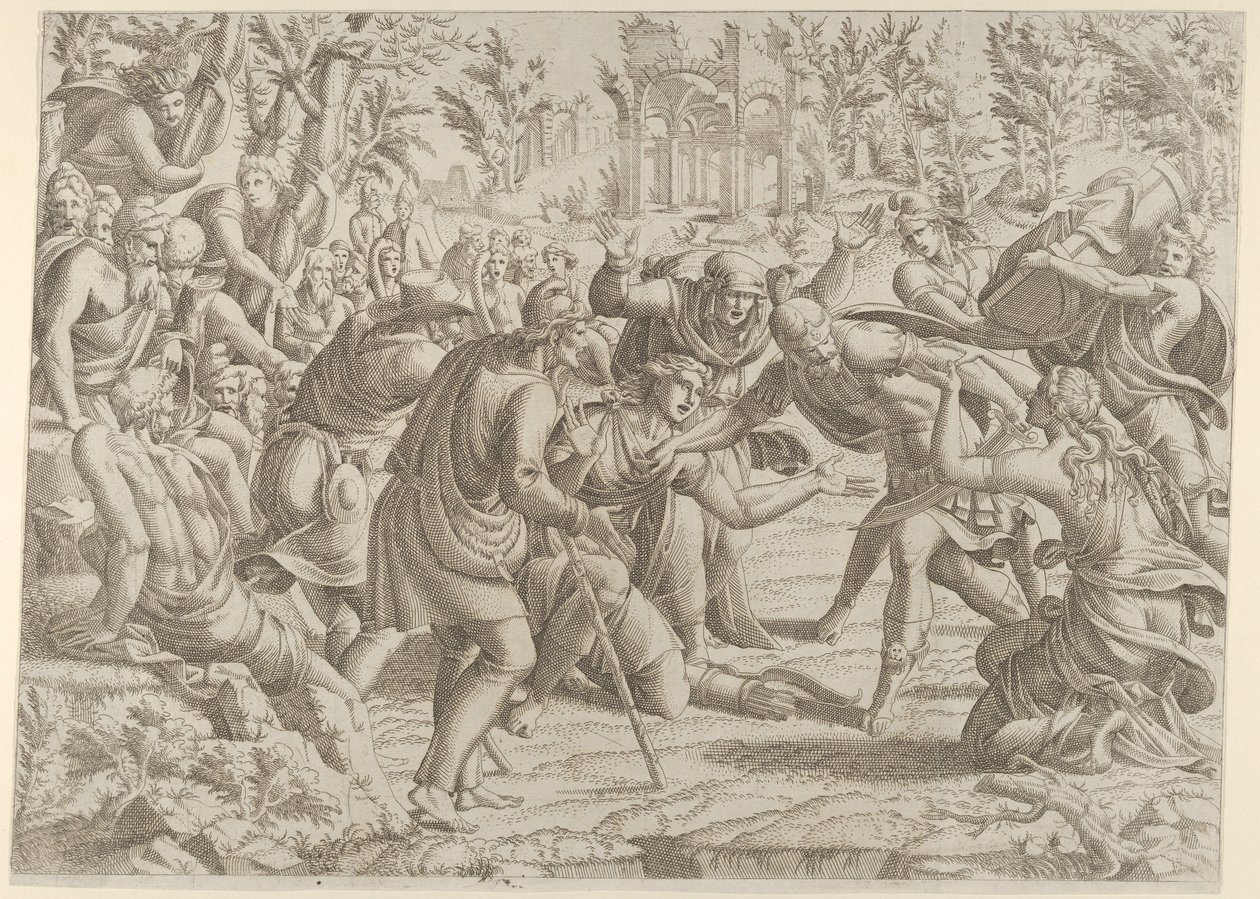 Der verräterische Sinon wird von den Hirten ins Lager des Trajan gebracht, 1535-1555 von Jean Mignon