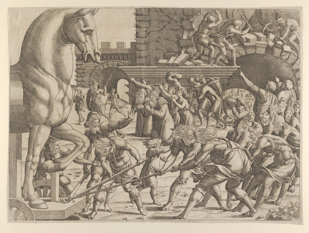 Die Trojaner bringen das hölzerne Pferd in ihre Stadt, 1535-55 von Jean Mignon