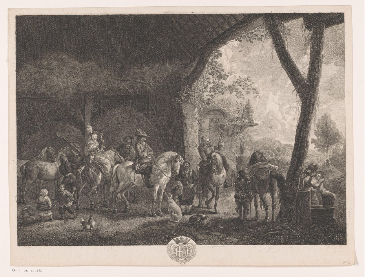 Jagdgesellschaft, die aus einem Stall aufbricht (Prenten naar schilderijen door Philips Wouwerman) von Jean Moyreau