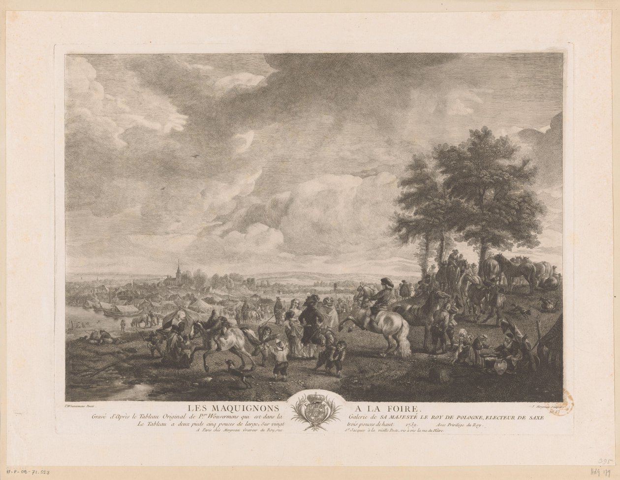 Landschaft mit Pferdehändlern auf einem Markt (Serie: Drucke nach Gemälden von Philips Wouwerman) von Jean Moyreau