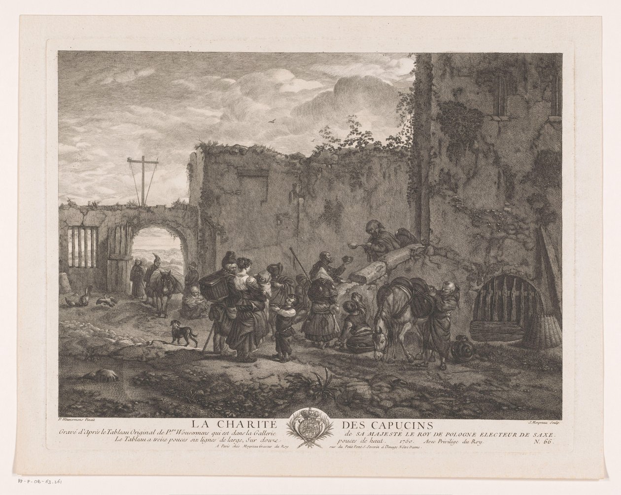 Mönche verteilen Essen an Pilger auf einem Innenhof. Prenten naar schilderijen door Philips Wouwerman. Oeuvres de Ph.pe Wouwermans Hollandois von Jean Moyreau