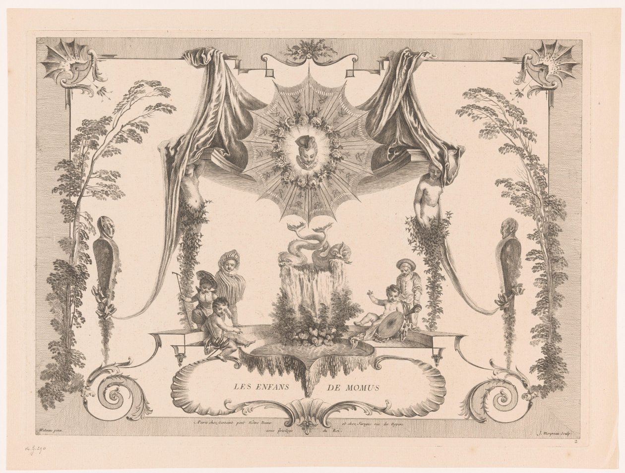 Entwurf für eine Wandverkleidung mit Kindern bei einem Brunnen (Les Enfans de Momus) (Oeuvre von Antoine Watteau) von Jean Moyreau