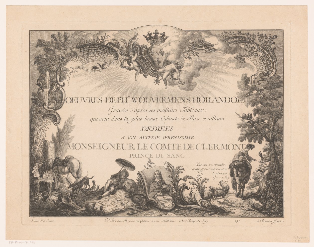 Titelblatt mit Figuren und Tieren in einer Landschaft, mit dem Porträt von Philips Wouwerman von Jean Moyreau
