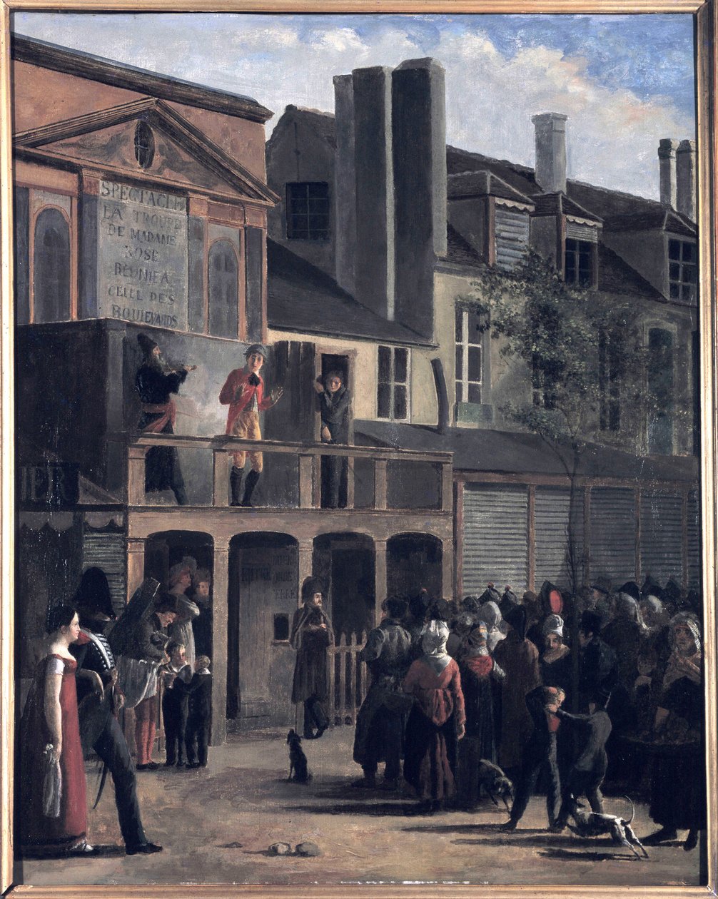 La Parade de Bobèche et Galimafre, Darstellung einer Menschenmenge, die eine Straßenshow beobachtet. von Jean Roller