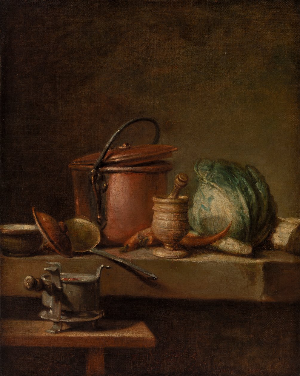 Stillleben mit Kupfertopf, Kohl, Mörser und Herd von Jean Baptiste Simeon Chardin