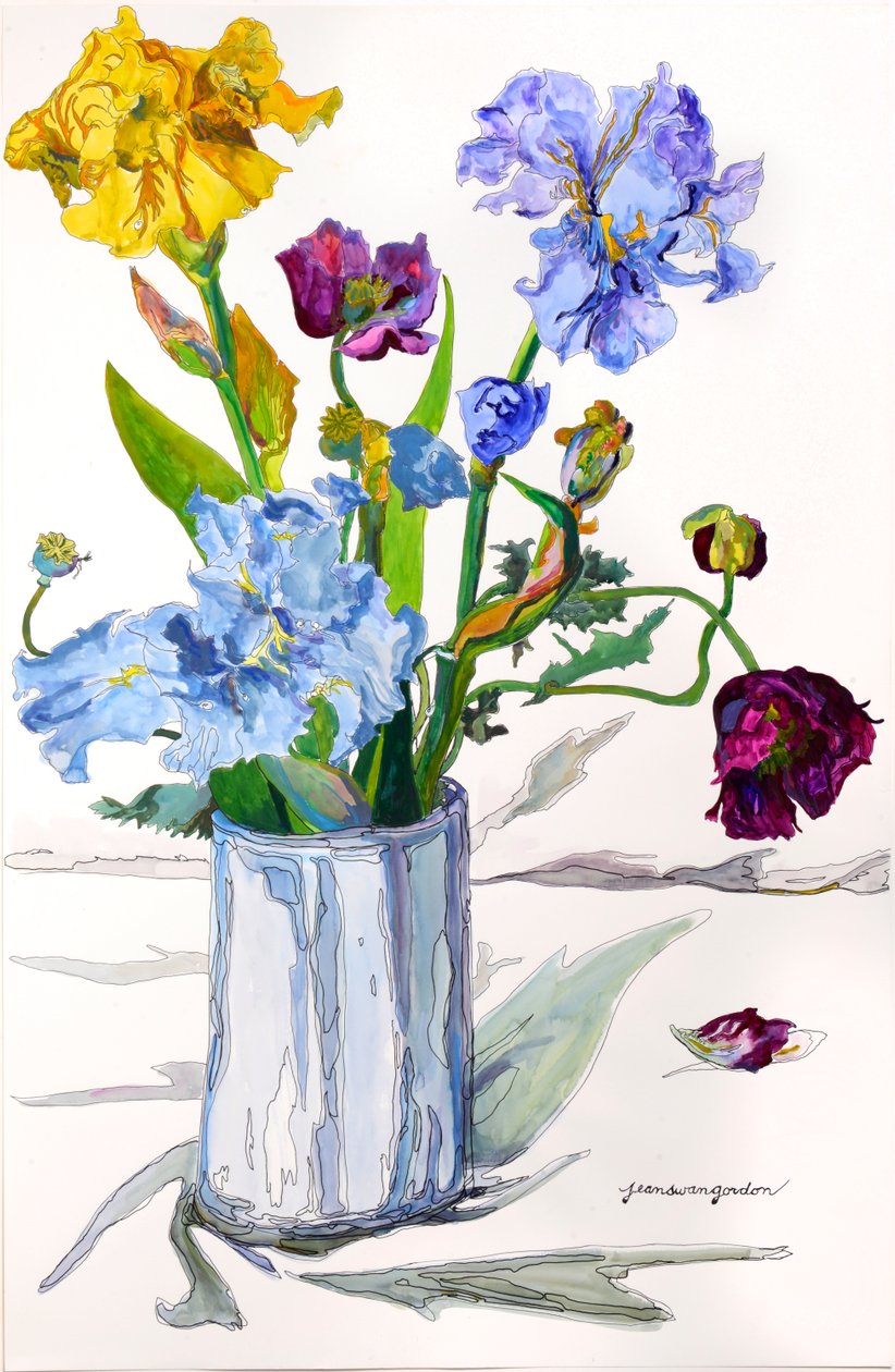 Iris, Mohn in Silbervase von Jean Swan Gordon