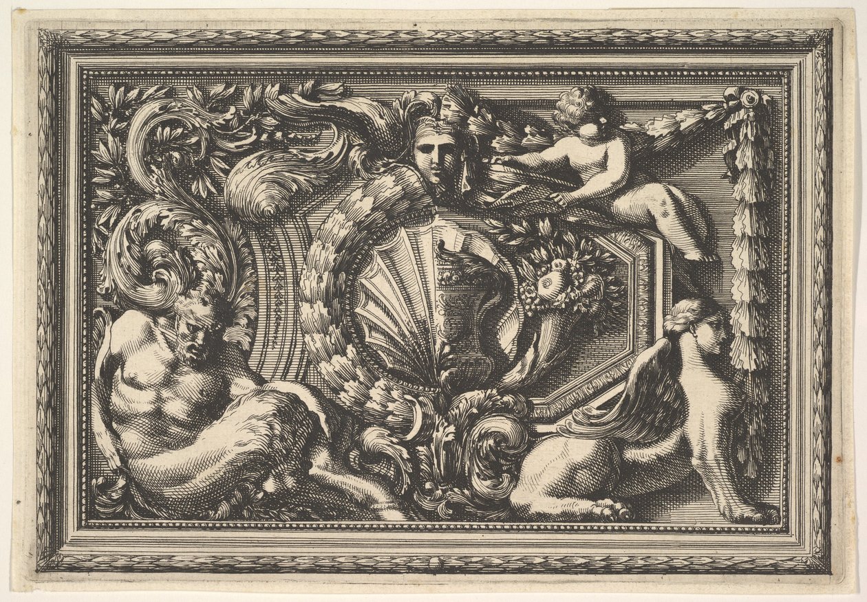 Entwurf für ein Paneel mit zwei Varianten, die einen Satyr und eine Sphinx enthalten, aus: Panneaux, 17. Jahrhundert von Jean le Pautre