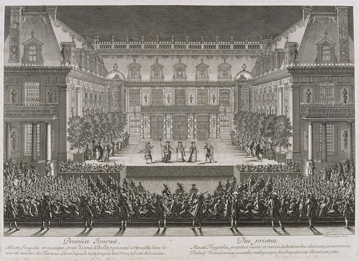 Jean-Baptiste Lullys Oper Alceste wird im Marmorhof des Schlosses von Versailles aufgeführt von Jean le Pautre