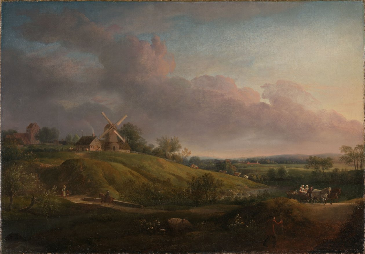 Landschaft mit einer Kirche und einer Mühle von Jens Juel