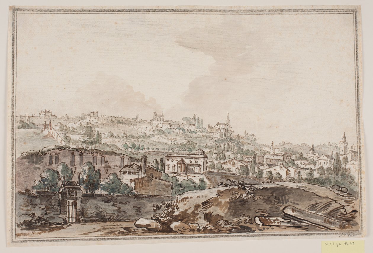 Stadtansicht mit Häusern und Mauer am Fluss; im Hintergrund Kirchen und Paläste von Jens Petersen Lund