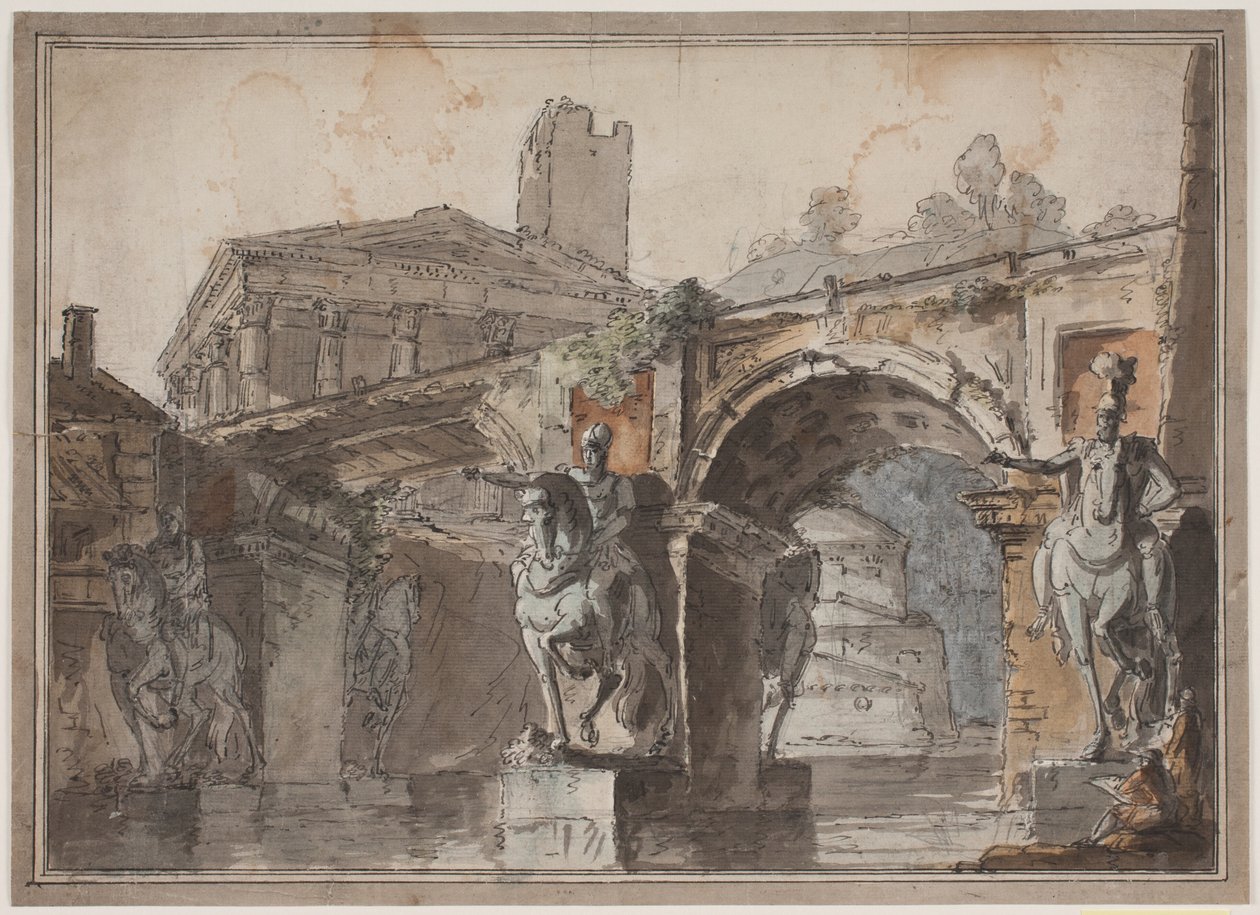 "Römische" Aussicht mit Brücke, Tempelruine und Reiterstatue von Jens Petersen Lund