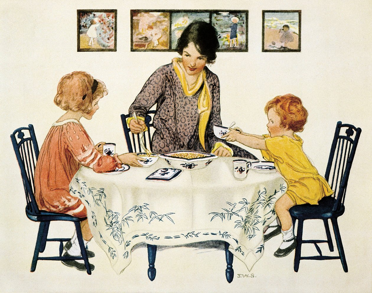 Familie (Mutter und Kinder) versammelt um einen Tisch und essen Pasta von Jessie Willcox Smith