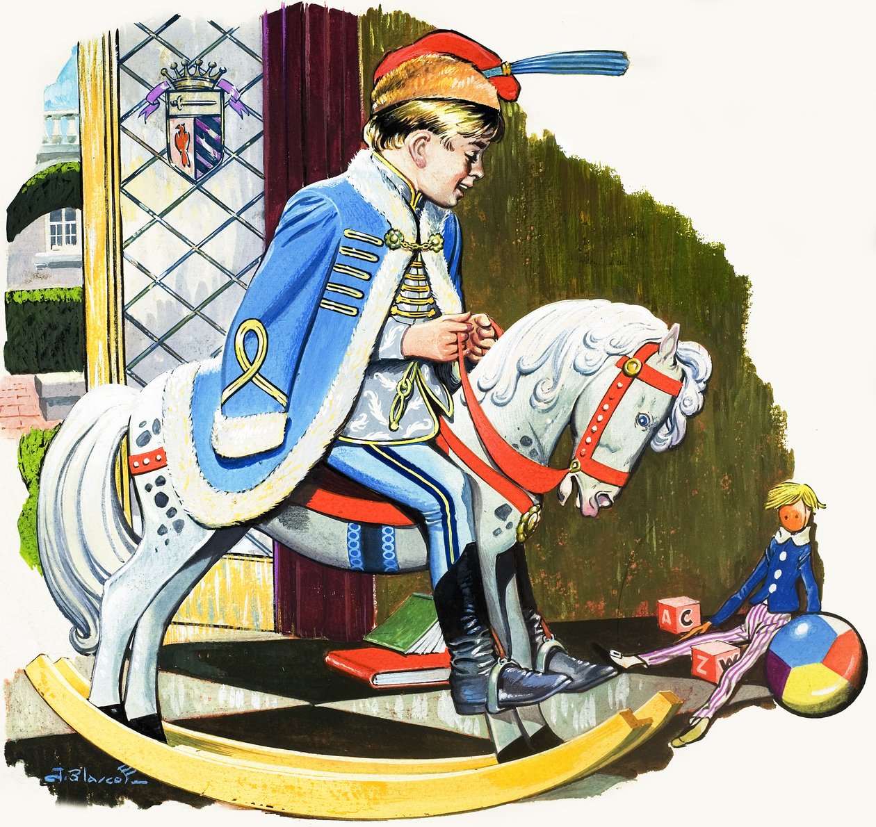 Junge auf Schaukelpferd, Illustration aus 