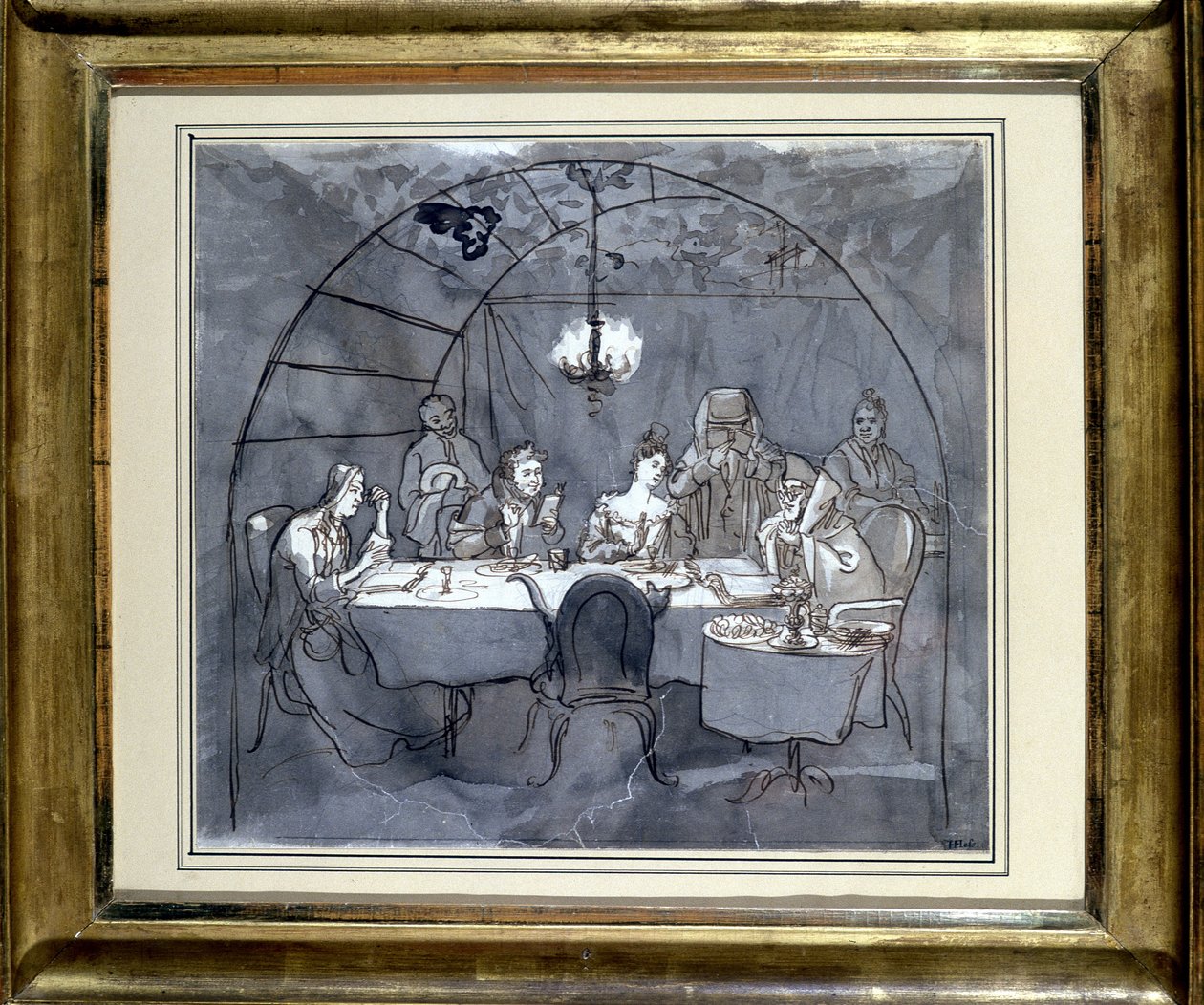 Laubhüttenfest im Restaurant Kasher durch die Familie von Moses Ulmann. Zeichnung auf Papier, Federwaschung, 1831. Jüdisches Museum Basel, Schweiz. von Jewish School