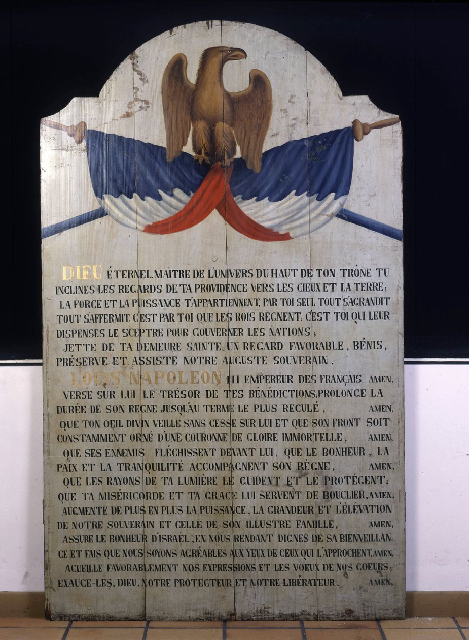 Inschrift auf Holz: Jüdisches Gebet auf Französisch für Kaiser Napoleon III. 19. Jahrhundert Elsass von Jewish School