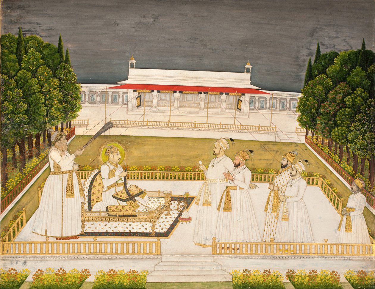 Muhammad Shah auf einer Terrasse bei Nacht mit seinen Offizieren, ca. 1735 von Jharokha Nidha Mal