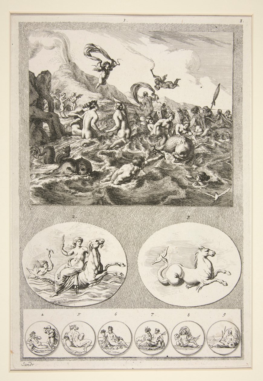 Obere Hälfte: Nereiden spielen Untere Hälfte: Zwei Reliefs und sechs Münzen von Joachim von Sandrart