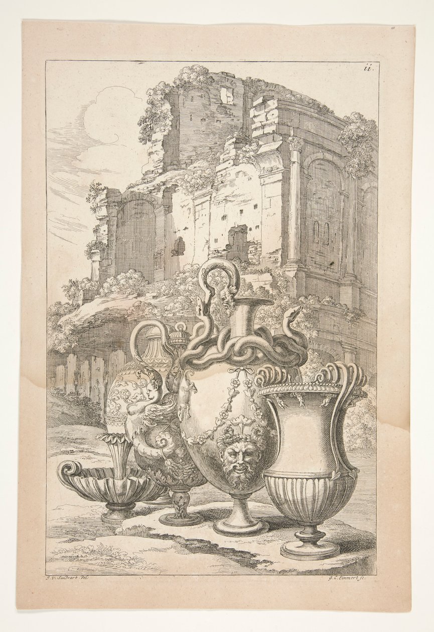 Vasen in einer Landschaft unter antiken Ruinen von Joachim von Sandrart