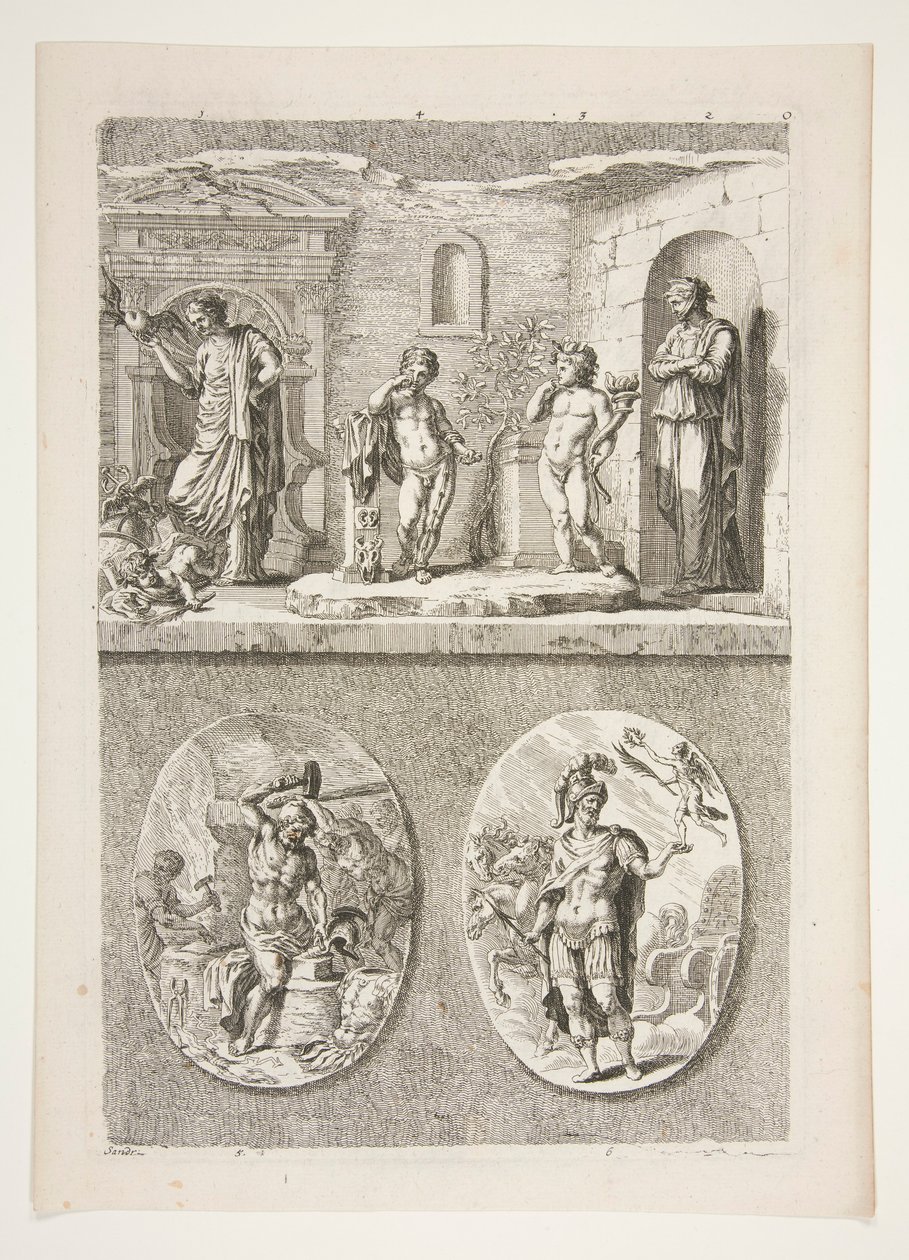obere Hälfte: Vier antike Statuen untere Hälfte: Schmiede von Vulkan und ein siegreicher römischer General von Joachim von Sandrart