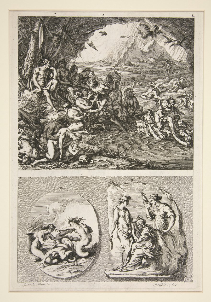 obere Hälfte: Quos Ego? untere Hälfte: Zwei antike Reliefs: Die drei Schicksalsgöttinnen und ein unbekanntes Thema von Joachim von Sandrart