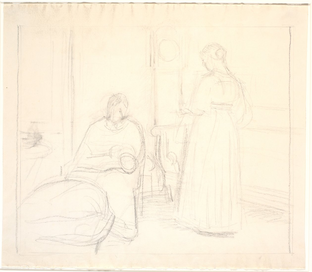 Interieur mit Uhr und sitzender und stehender Frau von Joakim Frederik Skovgaard