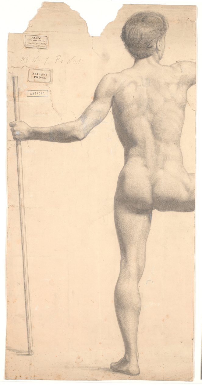 Stehendes männliches Modell, von hinten gesehen, Stock in der linken Hand, rechter Arm und Bein abgeschnitten von Joakim Frederik Skovgaard
