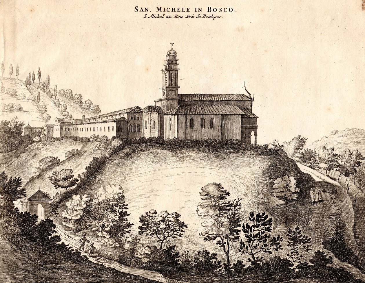 Ansicht des San Michele in Bosco Klosters, Bologna, Emilia-Romagna, Italien, Kupferstich, ca. 21x29 cm von Joan Blaeu