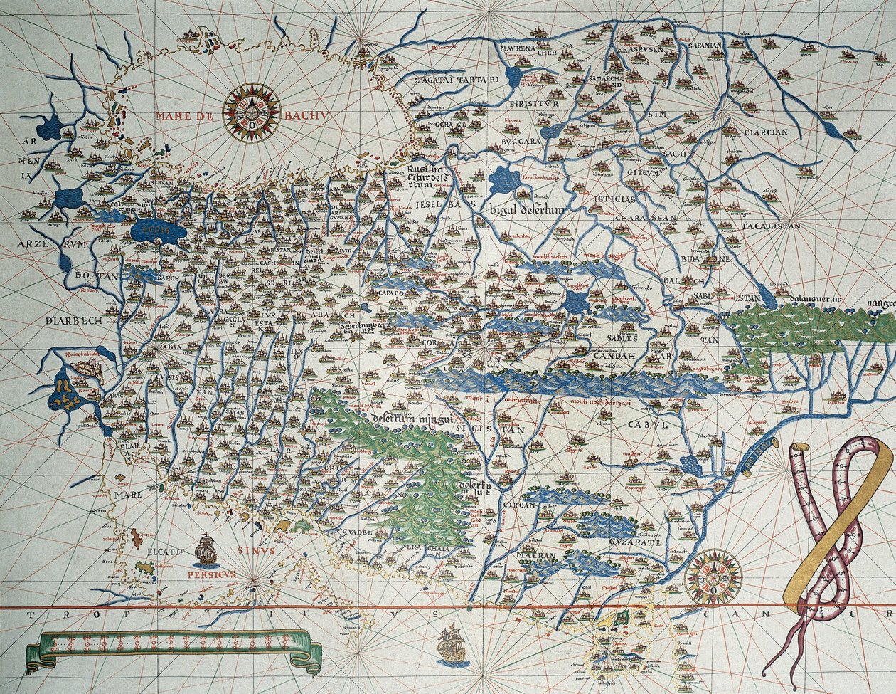 Karte von Asien, einschließlich Armenien, Iran, Afghanistan, mit Windrose, Details von Häfen, Küsten und Seewegen, im Atlas von Joan Martines von Joan Martines