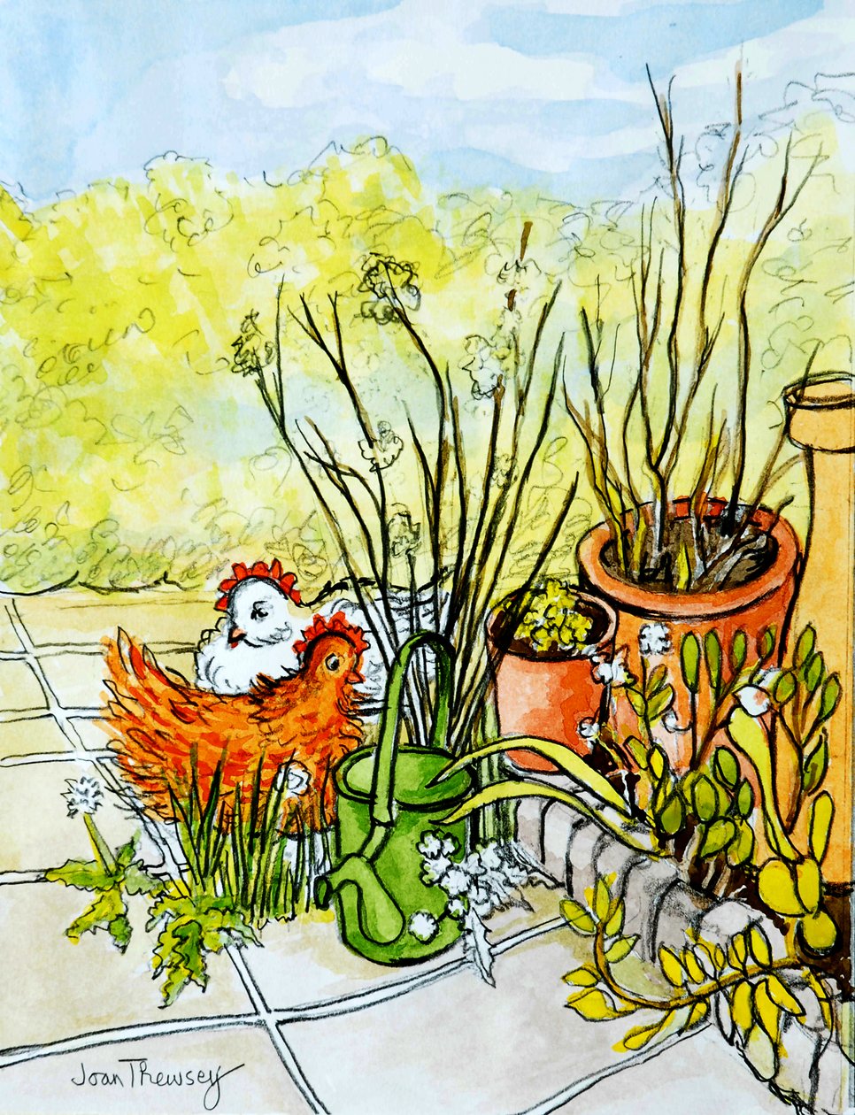 Hühner und Töpfe, Lucy Redman Open Garden von Joan Thewsey