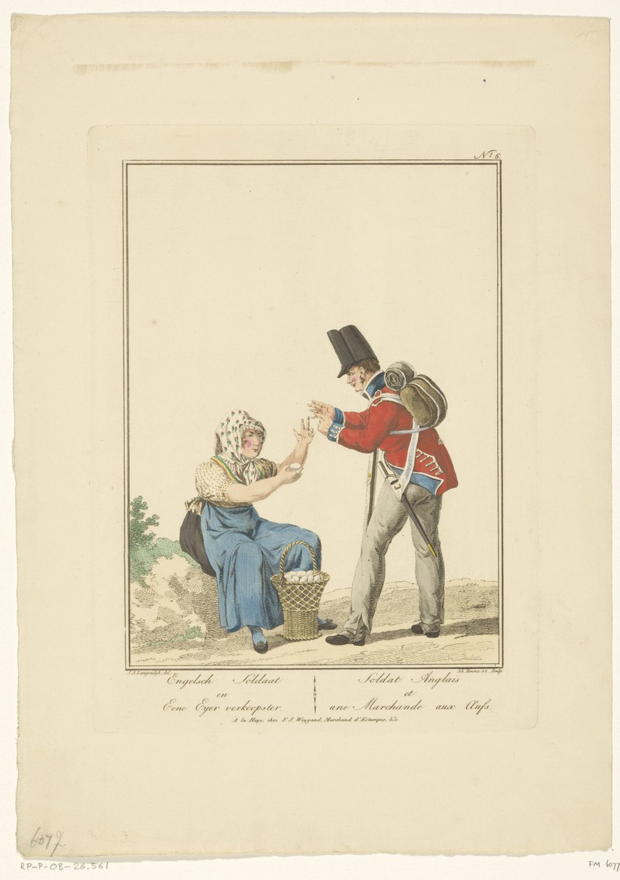 Stehender Soldat mit sitzender Eierverkäuferin. Uniformen und Trachten von Joannes Bemme