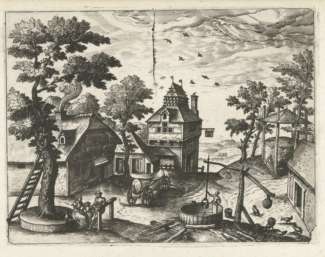 Gasthaus mit Wasserbrunnen (Landschaften, Seestücke und fantasievolle Stadtansichten) von Joannes van Doetechum (I) (attributed to)
