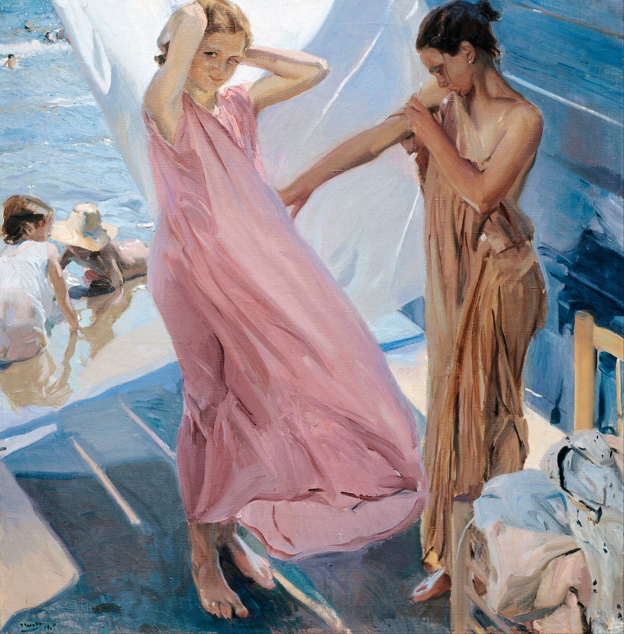 Nach dem Bad, zwei junge Mädchen wechseln nach dem Baden im Meer die Kleidung von Joaquin Sorolla y Bastida