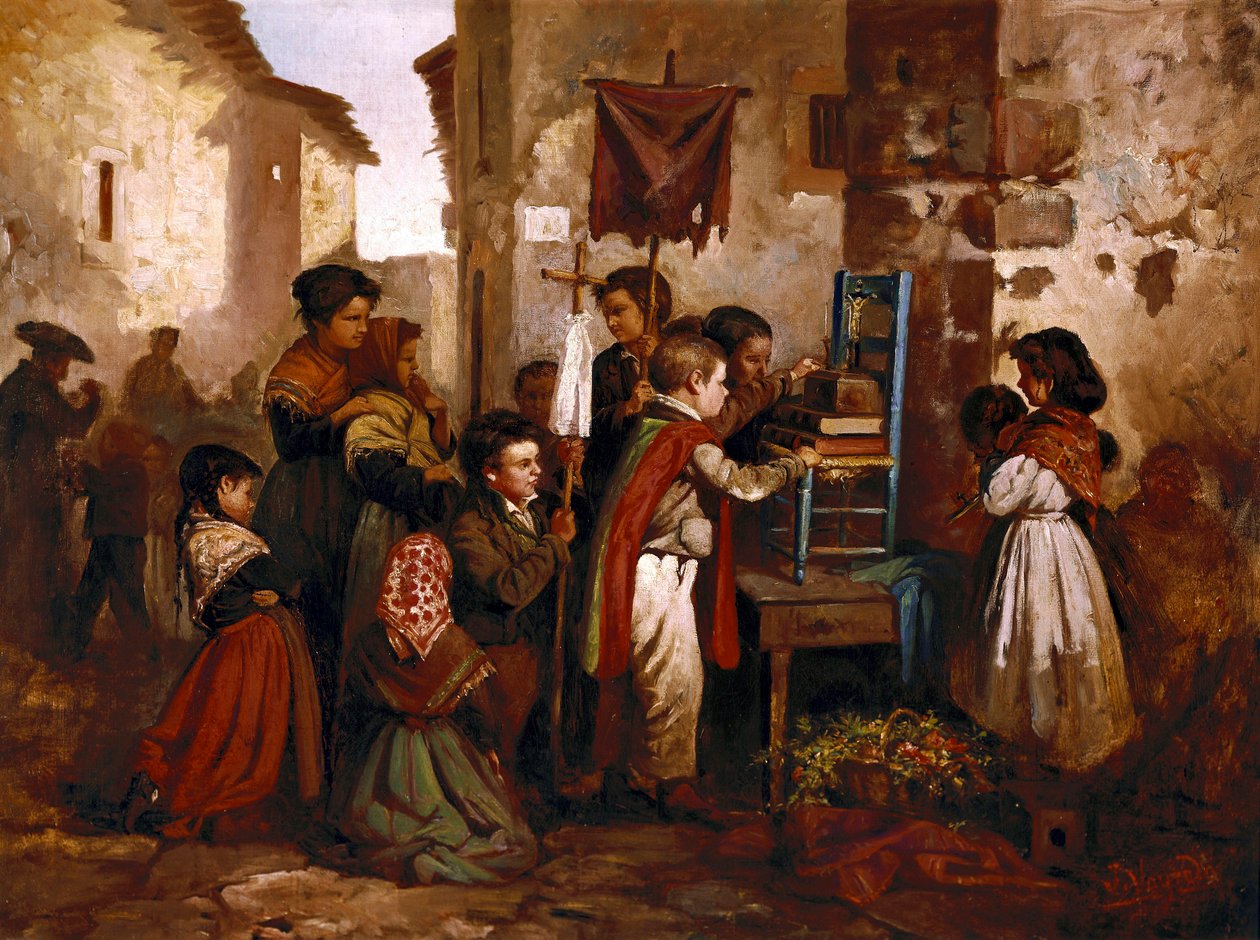 Kinder spielen in der religiösen Prozession von Joaquin Vayreda